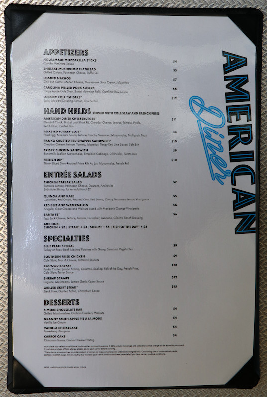 American Diner menu from Norwegian Joy