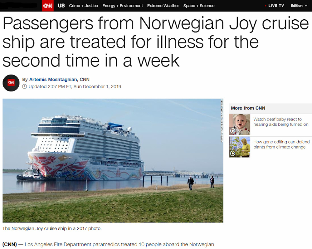 CNN headline about Norwegian Joy norovirus