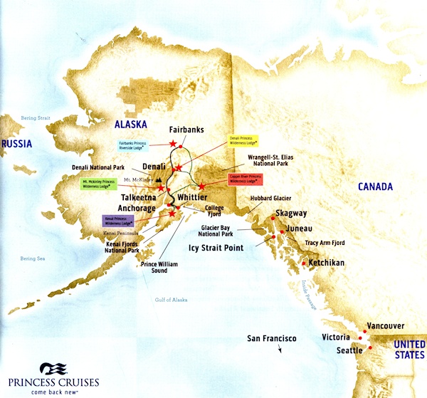 map of Princess ports and lodges in Alaska
