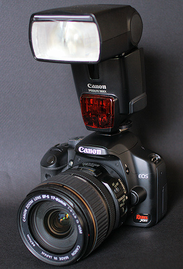 Canon Speedlite 580EX attached to Digital Rebel XSi