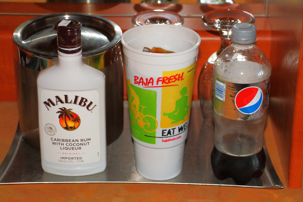Malibu rum, diet Pepsi, Baja Fresh cup