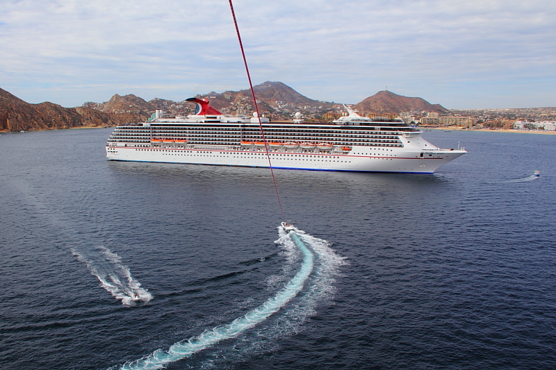 Aerial view of the Carnival Spirit off Cabo San Lucas, taken while parasailing