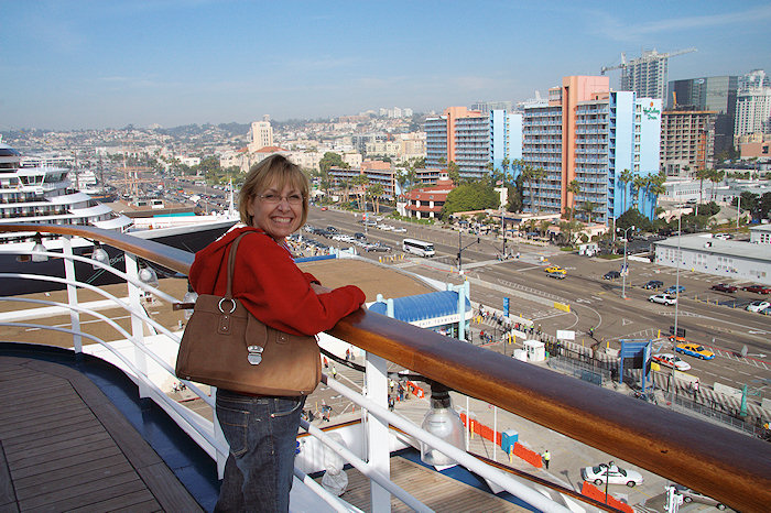 Kellyn smiling after boarding the Carnival Elation in San Diego