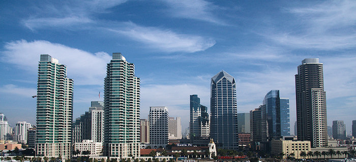 A picture of the San Diego skyline from the deck of the Elation