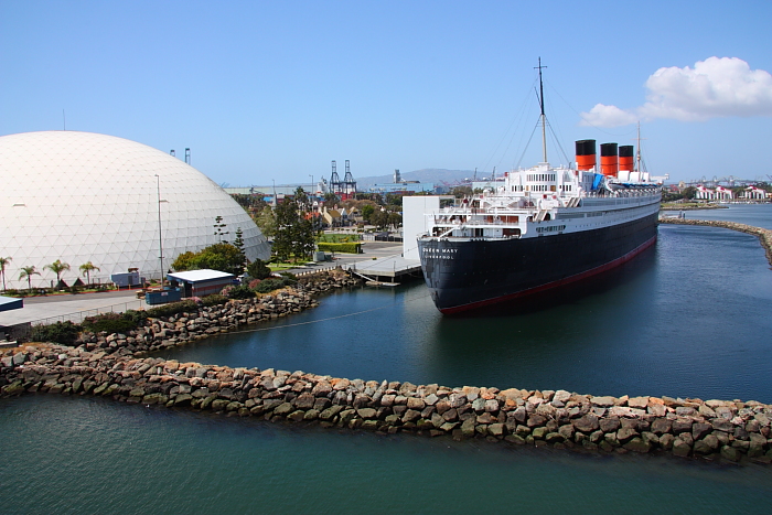 the Queen Mary, in Long Beach, as seen from the Carnival Paradise