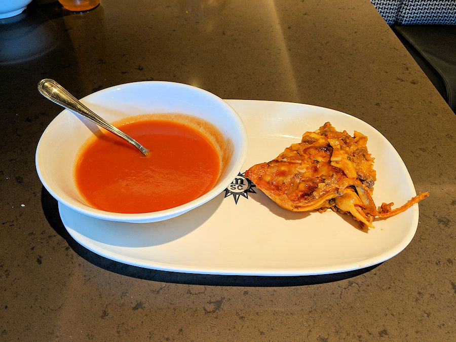 tomato soup and lasagna at MSC Seaside buffet
