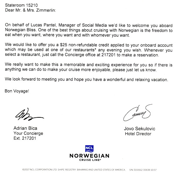 Norwegian Bliss thank you letter