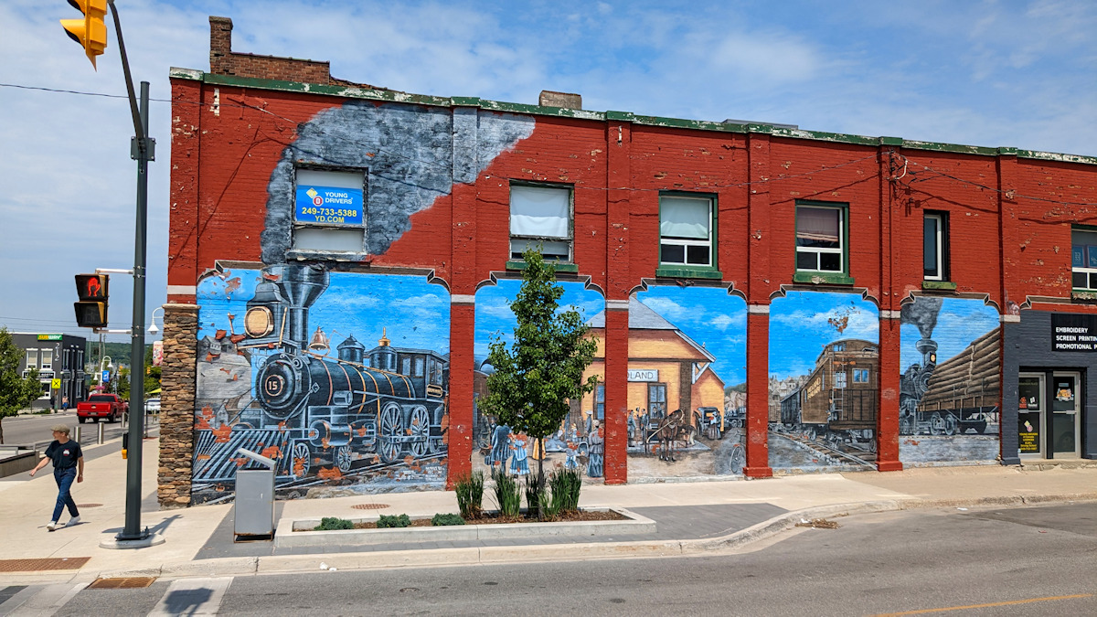Mural of a steam train in Midland, Ontario, Canada